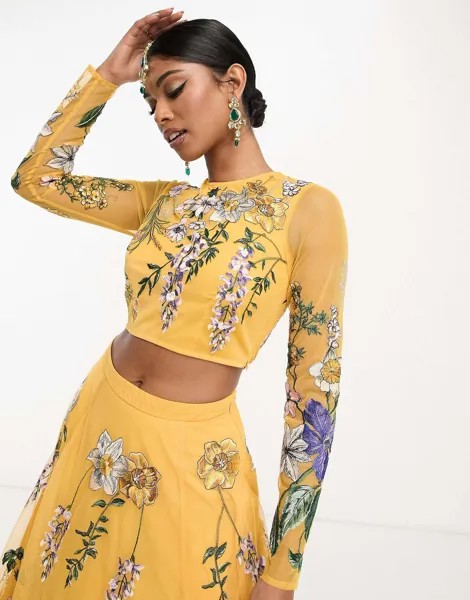 Укороченный топ Asos Design Lehenga In Wisteria Embroidery, горчичный