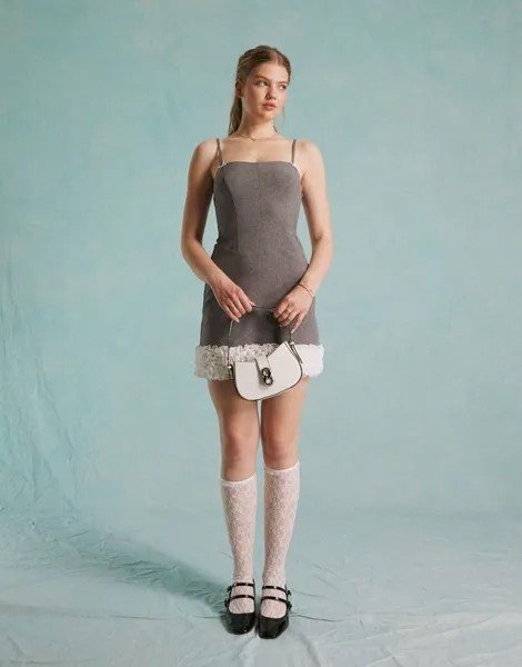 Серое корсетное платье мини с оборками и бантом Miss Selfridge