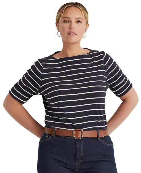 Плюс размер полосатая хлопковая футболка с вырезом лодочкой Lauren Ralph Lauren, мульти