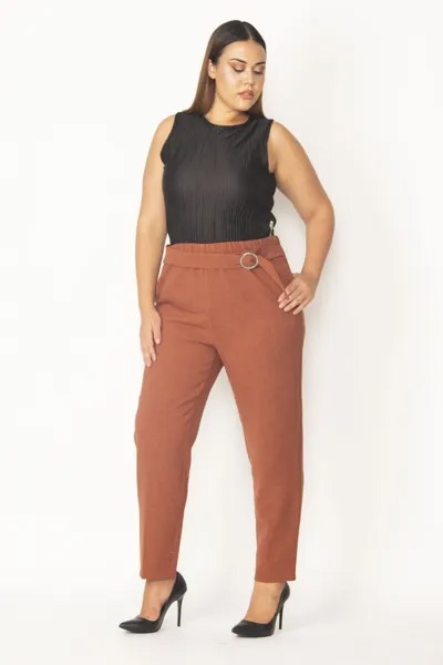 Женские брюки большого размера с эластичным декоративным поясом и пряжкой на талии с боковыми карманами 65n28636 Şans, коричневый