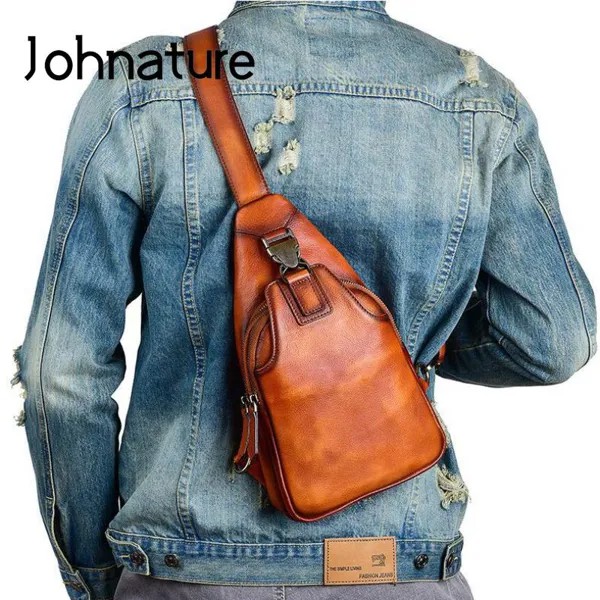 Мужская винтажная нагрудная сумка Johnature, однотонные универсальные сумки через плечо из натуральной воловьей кожи,