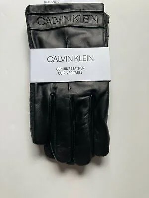 CALVIN KLEIN Mens Black Leather Mixed-Media Logo Winter Wool Blend Gloves L