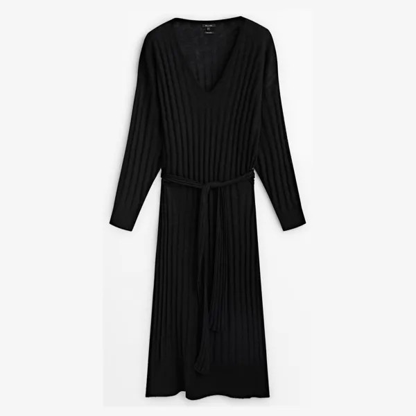 Платье Massimo Dutti Ribbed Wool Blend With Belt, черный