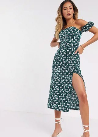 Платье миди с открытыми плечами и разрезом Fashion Union-Зеленый