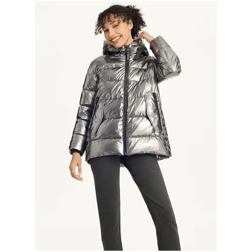 Куртка DKNY L серебристая теплая ниже бедра с капюшоном на молнии Glossy Mid Length Puffer With Envelope Pockets