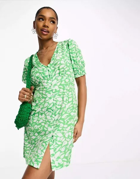 Зеленое мини-платье на пуговицах New Look с цветочным принтом