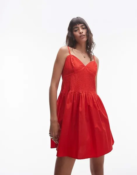 Topshop – Красное летнее мини-платье со складками на бретелях