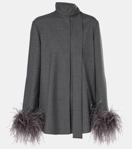 Шерстяная блузка с отделкой из перьев Valentino, цвет grigio medio mel