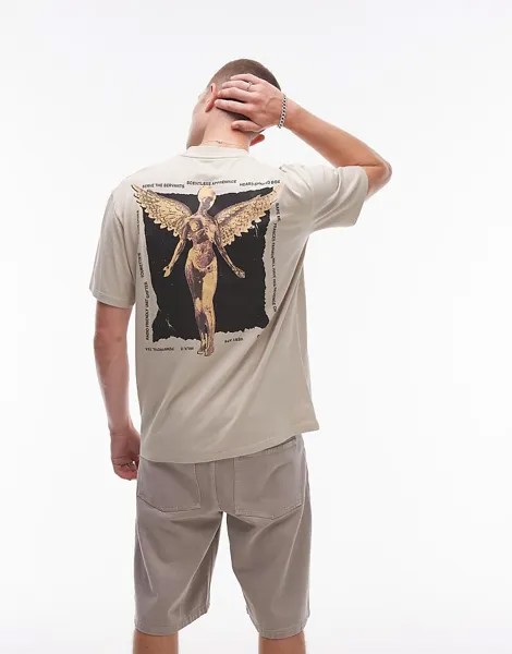 Футболка оверсайз Topman бежевого цвета с принтом Nirvana angel спереди и сзади