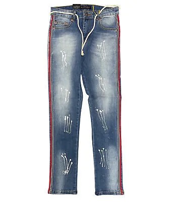 Мужские джинсы скинни цвета индиго M. Society с красной полосой по бокам - 36x32