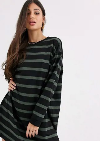 Платье-футболка в стиле oversized в полоску черного цвета/цвета хаки ASOS DESIGN Tall-Мульти