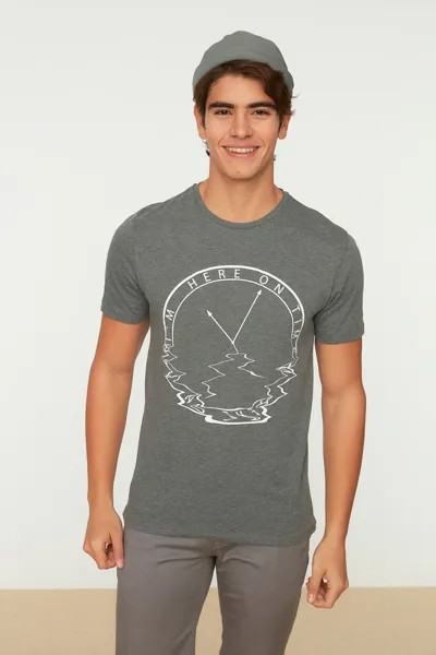 Антрацитовая мужская тонкая футболка с короткими рукавами и принтом в виде часов Trendyol, серый