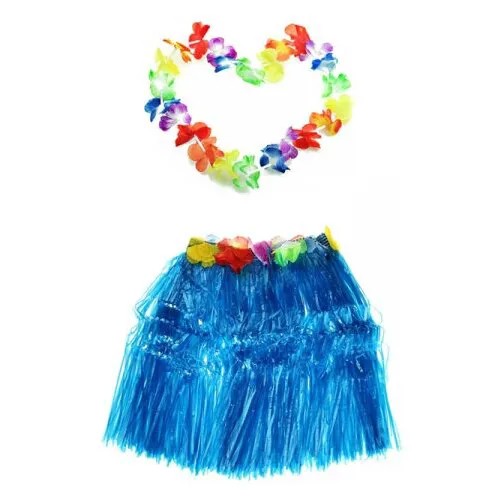Гавайская юбка 40 см голубая, гавайское ожерелье 96 см