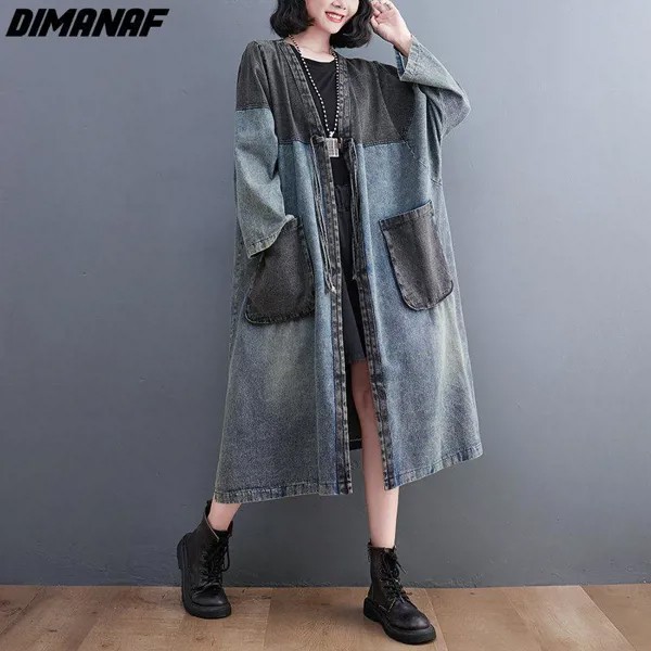 DIMANAF 2022 Новая женская куртка Джинсовое пальто Хлопок Свободная верхняя одежда Осень Зима Синий Длинный Винтажный кардиган
