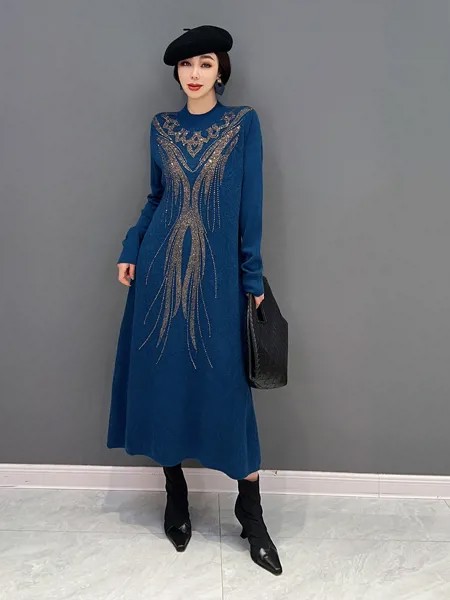 Европейская станция, новинка зимы 2022, модное вязаное платье в Корейском стиле с принтом, пуловер с длинным рукавом, свободное приталенное платье-миди