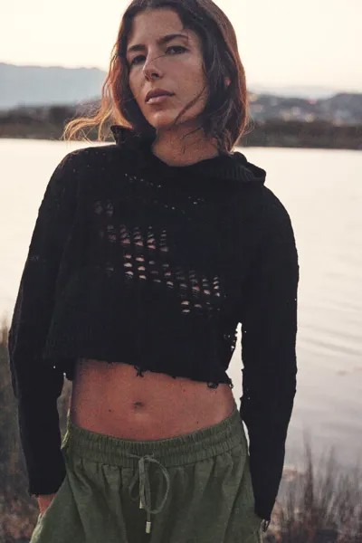 Укороченное трикотажное трикотажное худи Zara, черный