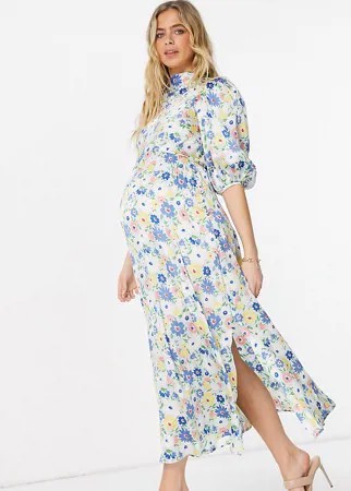 Платье миди со свободным воротом, пышными рукавами и цветочным принтом ASOS DESIGN Maternity-Многоцветный
