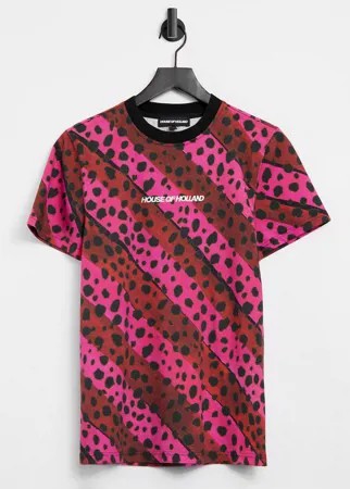 Полосатая розовая oversized-футболка с гепардовым принтом House Of Holland-Розовый цвет
