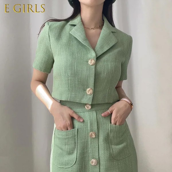 Женские костюмы для девушек E, лето 2021, корейский элегантный темпераментный твидовый костюм с отложным воротником, пиджак с завышенной талией, шикарная юбка А-силуэта пуговицах