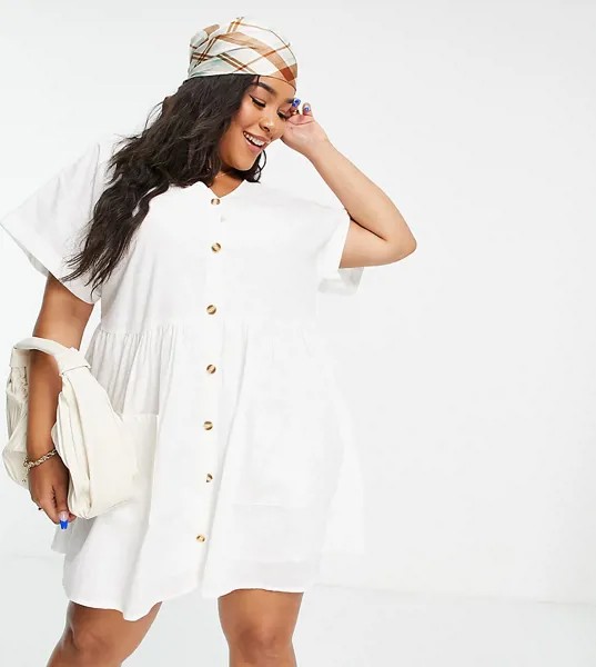 Белое приталенное платье мини на пуговицах со свободной юбкой и карманами In The Style Plus x Stacey Solomon-Белый