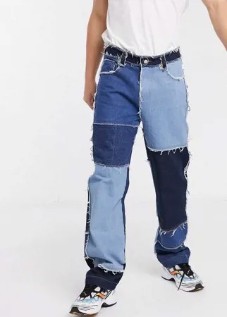 Свободные джинсы в стиле пэчворк с бахромой Jaded-Синий
