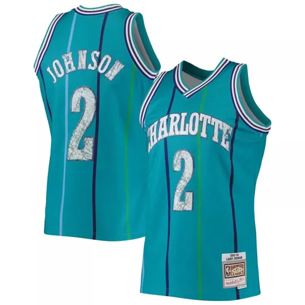 Мужская майка Mitchell & Ness Larry Johnson в темно-бирюзовом цвете Charlotte Hornets 1992-93 Hardwood Classics с 75-летием Diamond Swingman