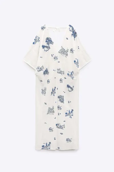 Платье - туника Zara Cutwork Embroidery, белый/темно-синий