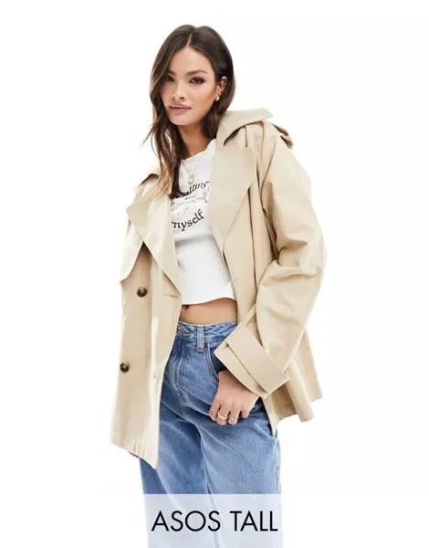 Бежевый укороченный тренч оверсайз ASOS DESIGN Tall