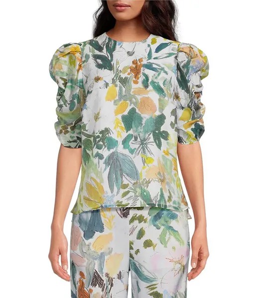 Ted Baker London Oasia Свободная блузка с короткими рукавами и пышными рукавами из переработанного полиэстера с круглым вырезом и рюшами, цветочный