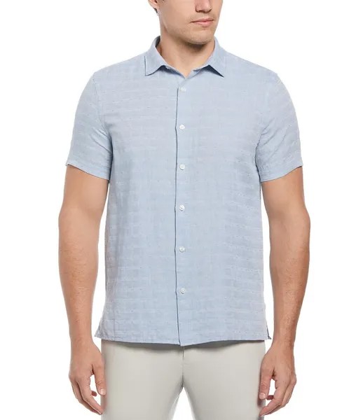 Рубашка в клетку с короткими рукавами и льняной смесью Perry Ellis, синий