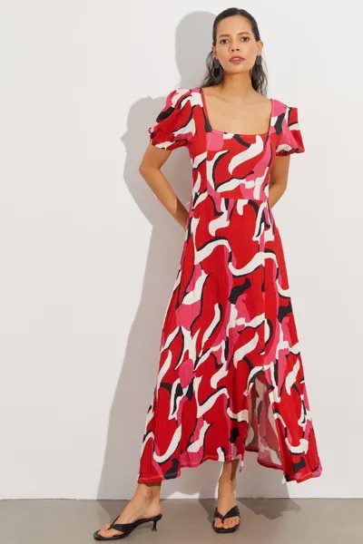 Женское коралловое платье миди с квадратным вырезом и разрезом BK1647 Cool & Sexy, красный