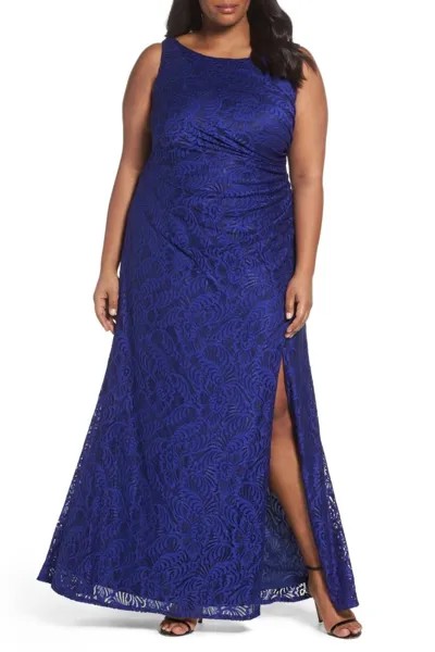 ADRIANNA PAPELL Синее эластичное кружевное платье с цветочным принтом и драпировкой на спине, с разрезом на спине, 20 Вт, 2 шт.