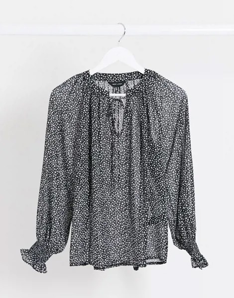 Шифоновая блузка с мелким цветочным принтом и завязкой New Look-Черный цвет