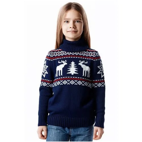 Шерстяной детский свитер с норвежским рисунком и высоким горлом, натуральная шерсть, размер 130