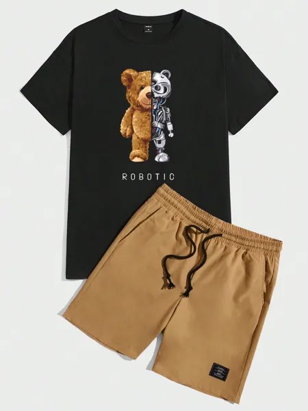 Мужская вязаная футболка Manfinity EMRG с короткими рукавами и принтом медведей и букв и тканые шорты, многоцветный