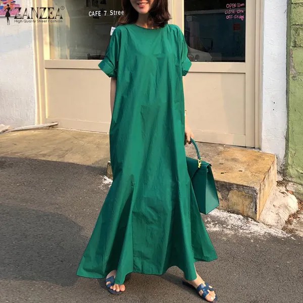ЗАНЗЗЕА женщин Летний Короткие рукава Длинные платья Loose Случайный Мода Fishtail Дизайн Пляж Длинное платье