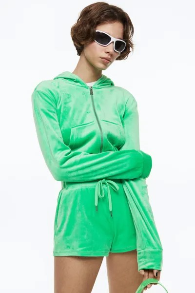 Укороченное велюровое худи на молнии H&M, зеленый