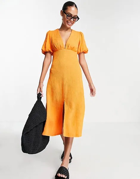 Оранжевое платье миди с пышными рукавами NA-KD X Femmeblk
