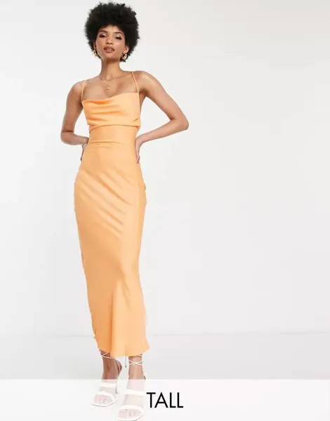 Оранжевое атласное платье миди с воротником-хомутом In The Style Exclusive