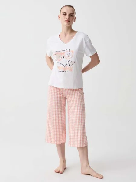 Пижама в мелкую клетку с брюками-капри Ovs, цвет white/pink
