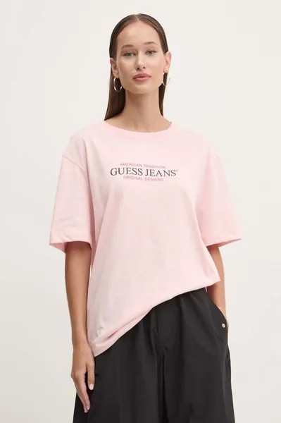 Хлопковая футболка Guess Jeans, розовый