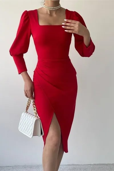 Красное вечернее платье из гибкого крепа с квадратным вырезом спереди и сзади, с разрезом по локоть и рукавами 128 lovebox, красный
