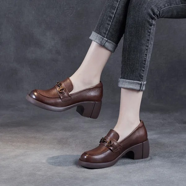 Женские кожаные туфли в британском стиле, японские весенне-осенние лоферы на толстой подошве, универсальные туфли на толстом каблуке с мета...