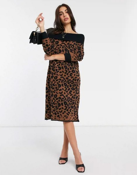 Платье-джемпер миди с открытыми плечами и леопардовым принтом Liquorish-Коричневый