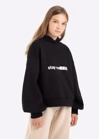 Чёрное худи с надписью STAY REAL для девочки Gloria Jeans