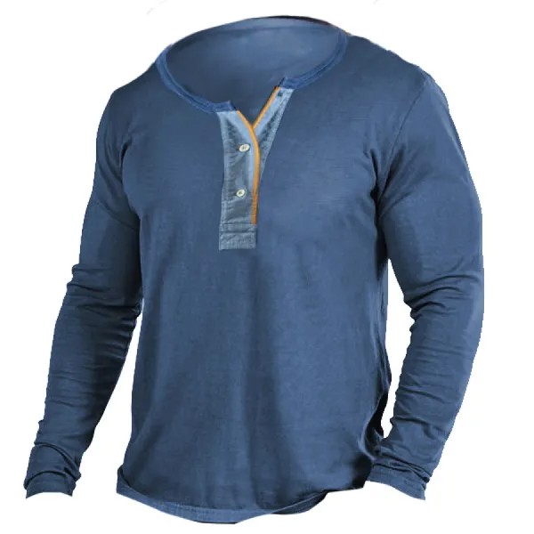 Мужская футболка Henley Vintage Contrast Color Casual Long Sleeve Tactical Tops