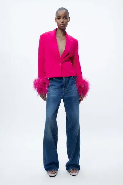Короткий пиджак с перьями Zara, неоновая фуксия