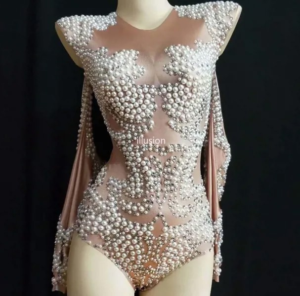 Женское боди с блестящими жемчужинами и кристаллами, цельный телесный костюм для праздновечерние, блестящий трико, костюмы стразы, одежда певицы