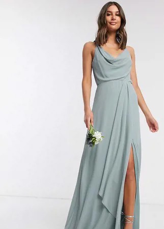 Шалфейно-зеленое платье макси со свободным воротом и шлейфом TFNC Tall bridesmaid-Зеленый