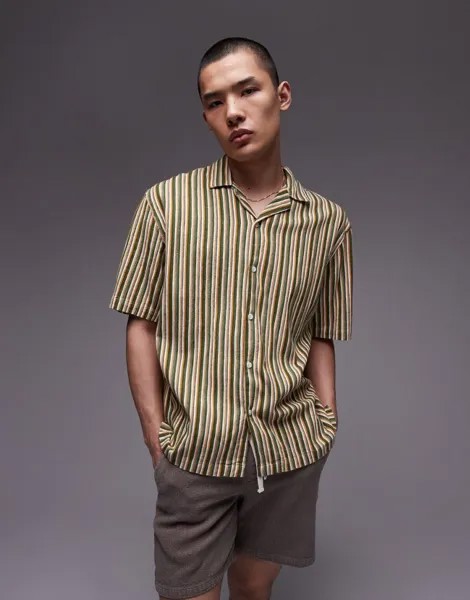 Topman – рубашка свободного кроя с короткими рукавами в зеленую и желтую полоску